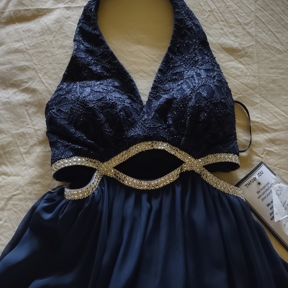 Navy Blue Long Halter top Evening gown, Sequin - Picture 10 of 10